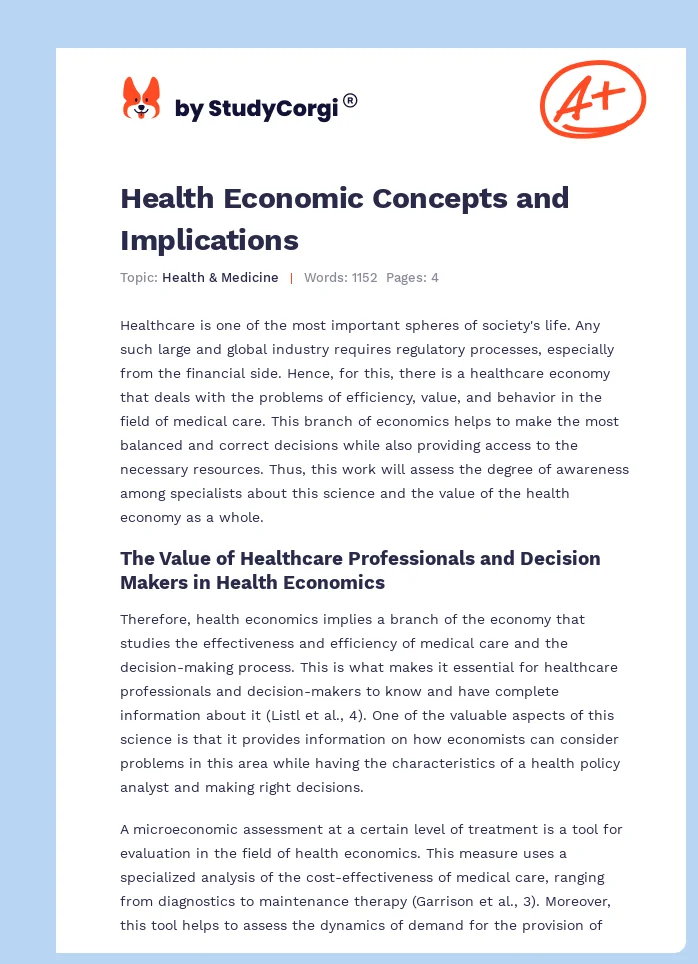 Health Economic Concepts and Implications. Page 1