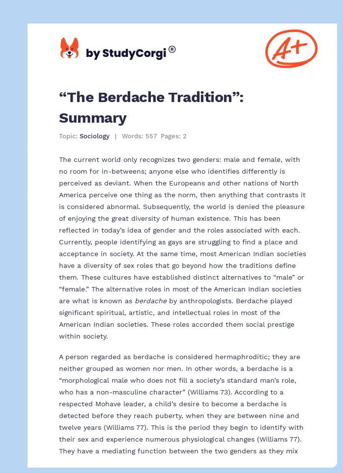 “The Berdache Tradition”: Summary. Page 1