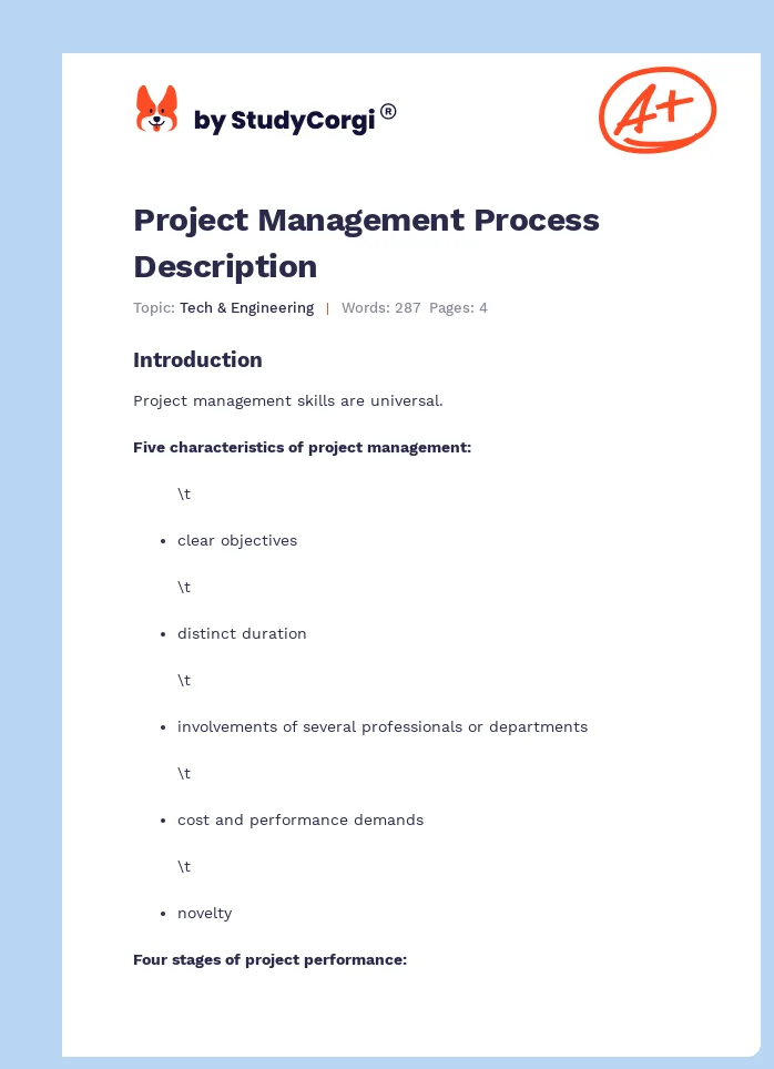 Project Management Process Description | Free Essay Example