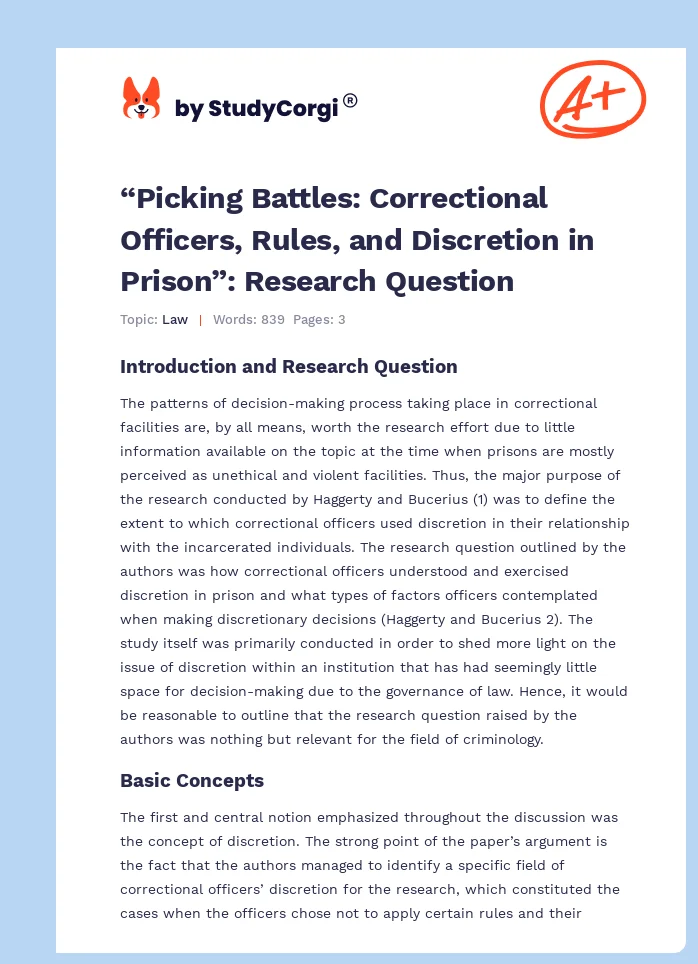 “Picking Battles: Correctional Officers, Rules, and Discretion in Prison”: Research Question. Page 1