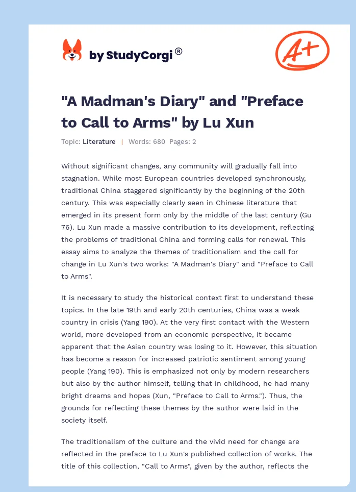 "A Madman's Diary" and "Preface to Call to Arms" by Lu Xun. Page 1