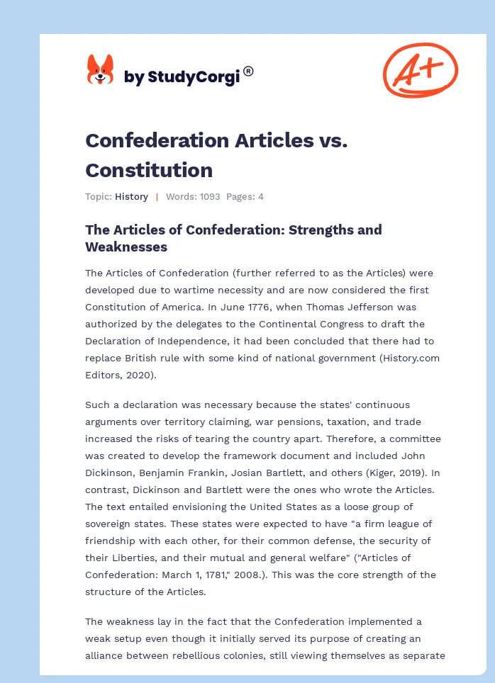 Confederation Articles vs. Constitution. Page 1