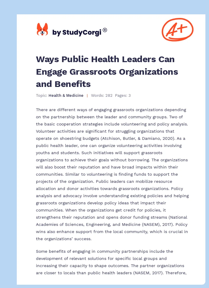 Ways Public Health Leaders Can Engage Grassroots Organizations and Benefits. Page 1