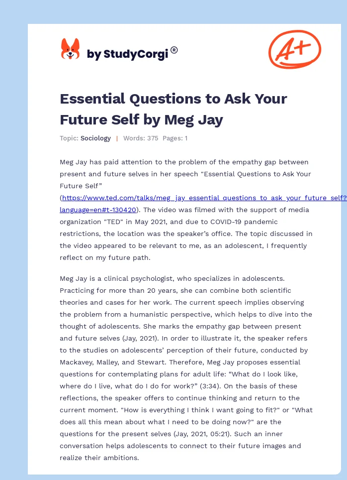 Essential Questions to Ask Your Future Self by Meg Jay. Page 1