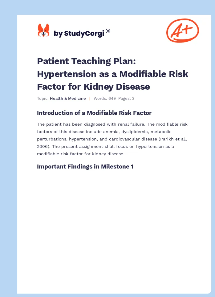 Patient Teaching Plan: Hypertension as a Modifiable Risk Factor for Kidney Disease. Page 1