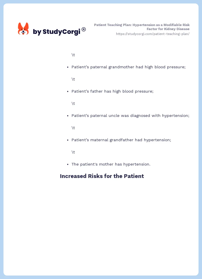 Patient Teaching Plan: Hypertension as a Modifiable Risk Factor for Kidney Disease. Page 2