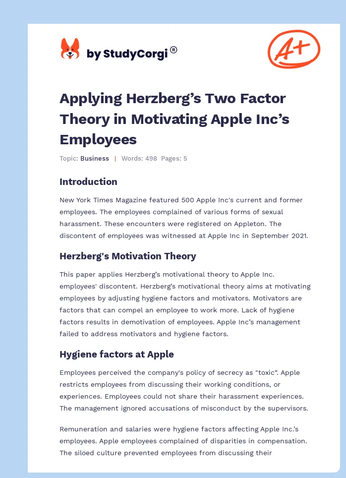 Applying Herzberg’s Two Factor Theory in Motivating Apple Inc’s Employees. Page 1