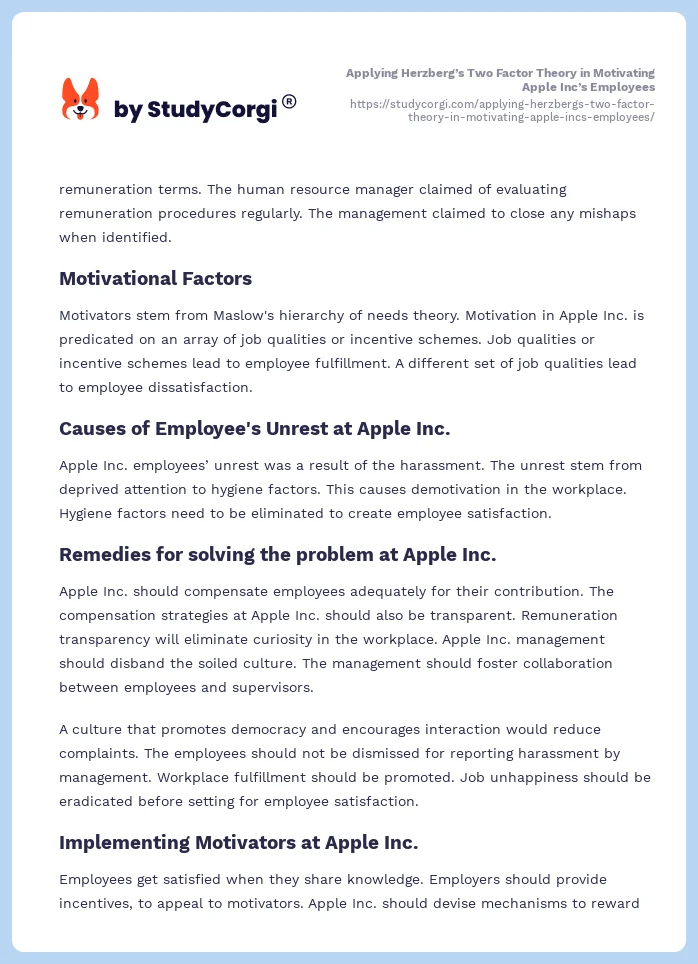 Applying Herzberg’s Two Factor Theory in Motivating Apple Inc’s Employees. Page 2
