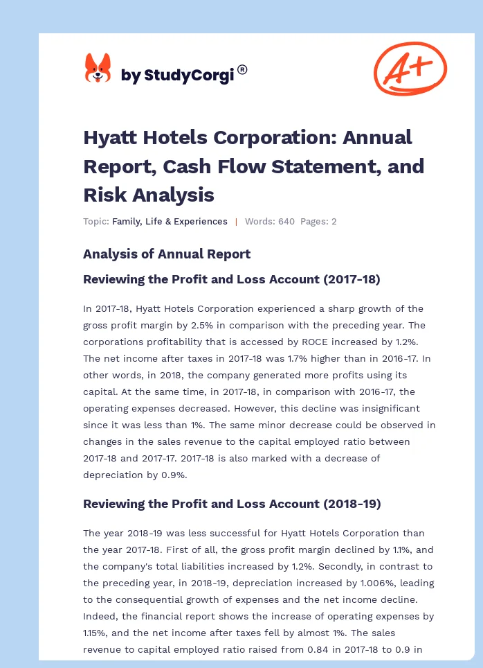 Hyatt Hotels Corporation: Annual Report, Cash Flow Statement, and Risk Analysis. Page 1