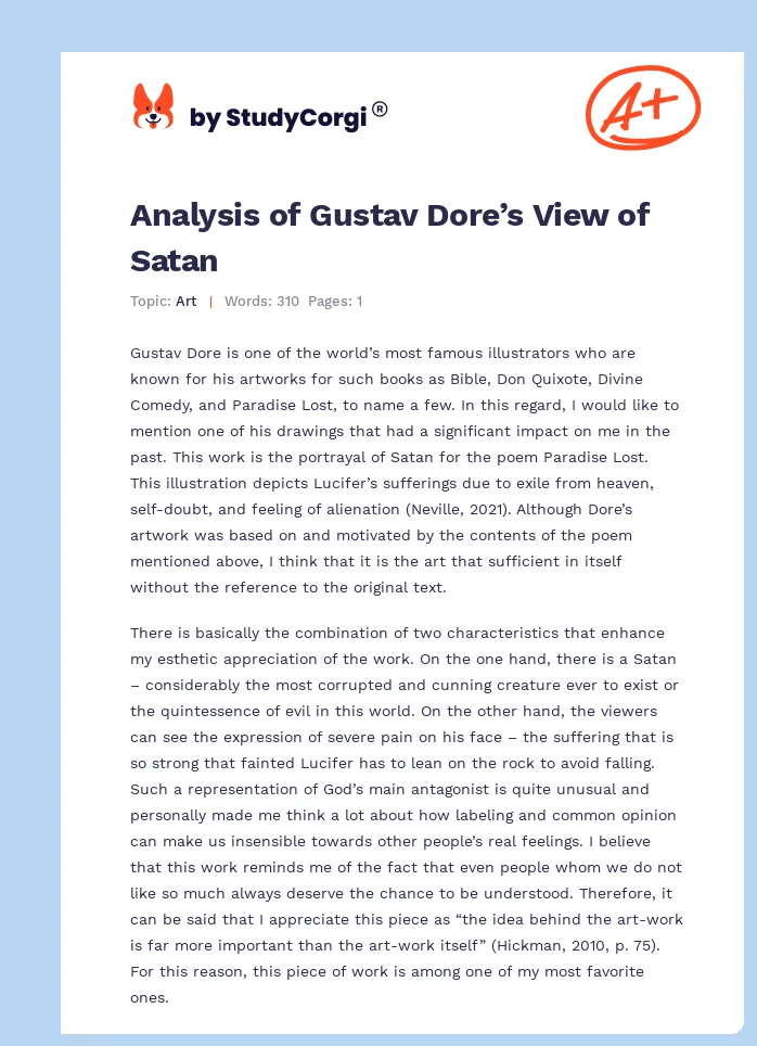 Analysis of Gustav Dore’s View of Satan. Page 1
