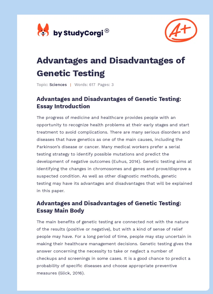 Advantages and Disadvantages of Genetic Testing. Page 1