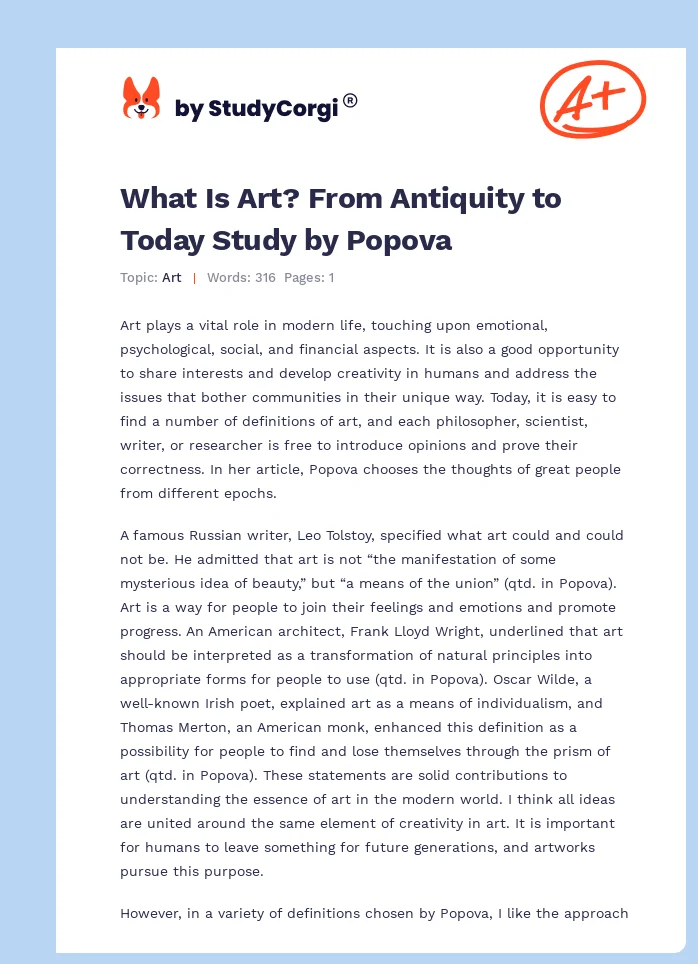 What Is Art? From Antiquity to Today Study by Popova. Page 1