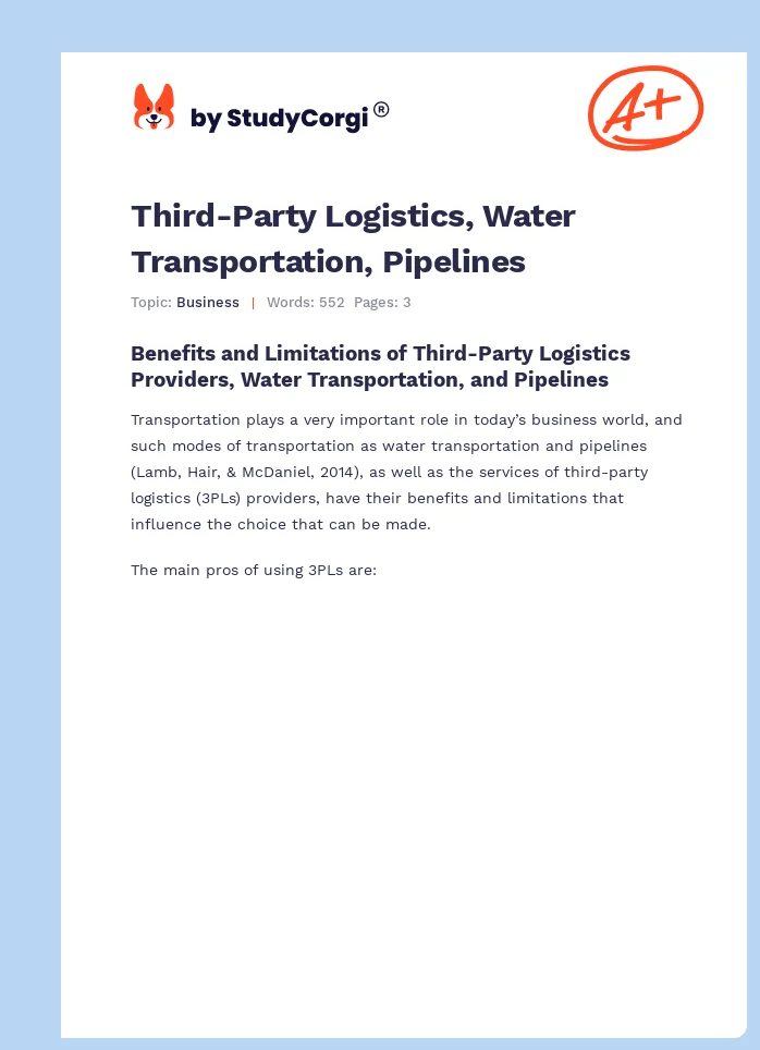 Third-Party Logistics, Water Transportation, Pipelines. Page 1