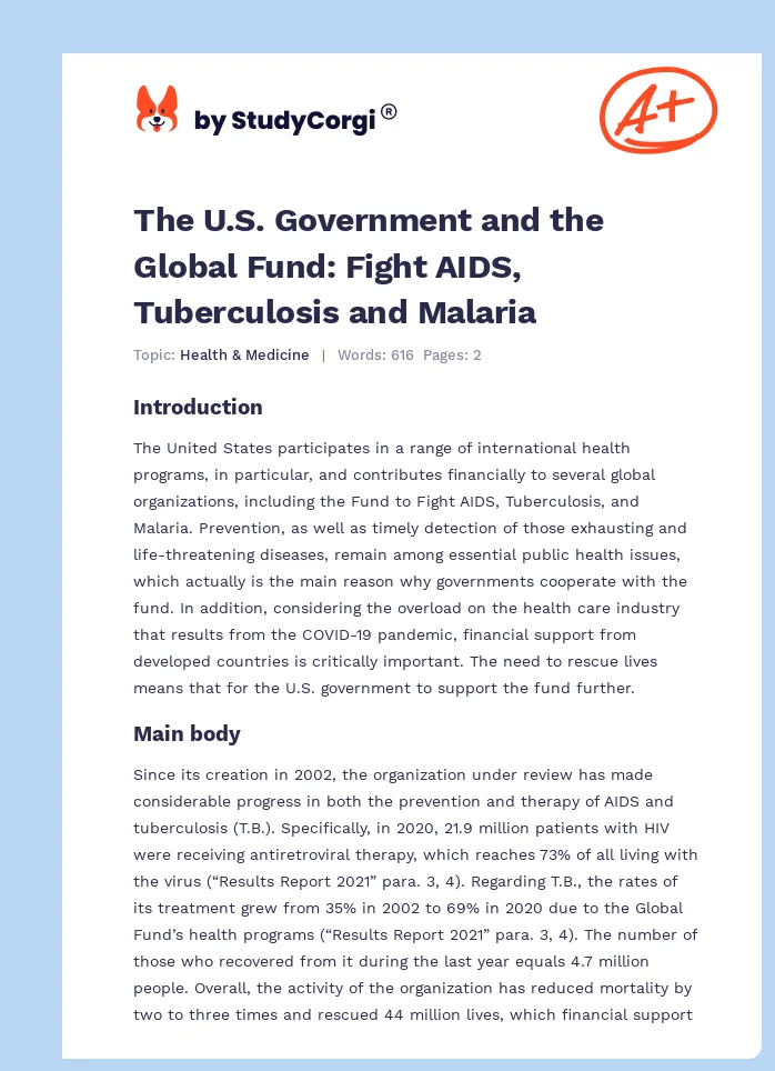 The U.S. Government and the Global Fund: Fight AIDS, Tuberculosis and Malaria. Page 1