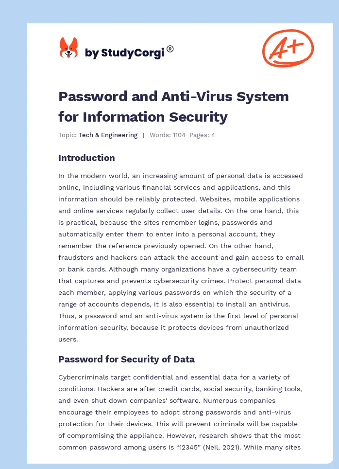 Password and Anti-Virus System for Information Security. Page 1