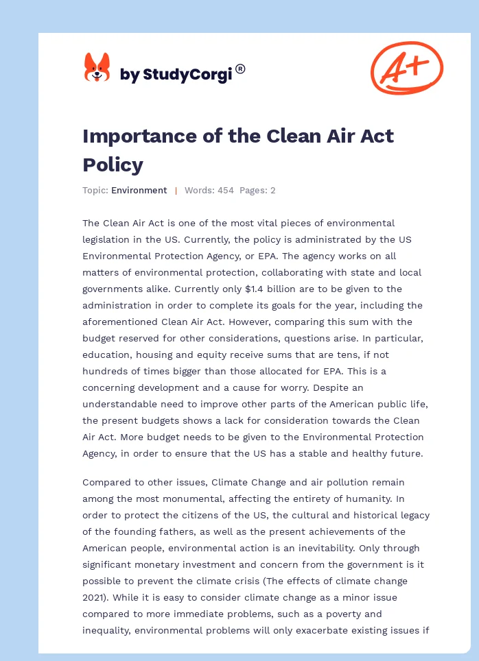 Importance of the Clean Air Act Policy. Page 1