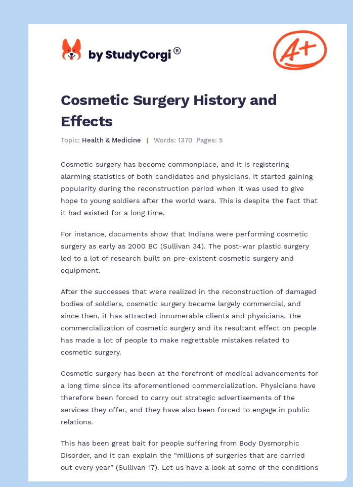 Cosmetic Surgery History and Effects. Page 1
