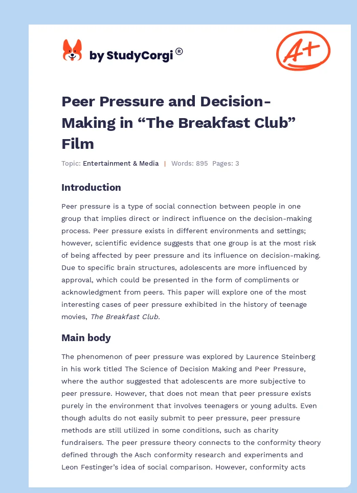 Peer Pressure and Decision-Making in “The Breakfast Club” Film. Page 1