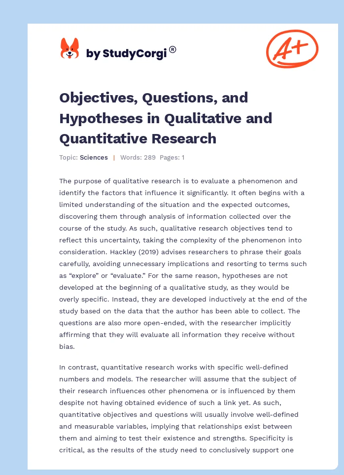 Objectives, Questions, and Hypotheses in Qualitative and Quantitative Research. Page 1