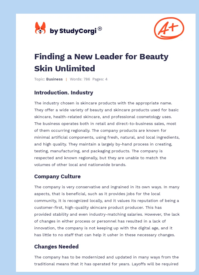 Finding a New Leader for Beauty Skin Unlimited. Page 1