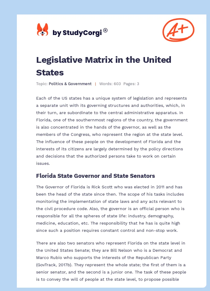 Legislative Matrix in the United States. Page 1
