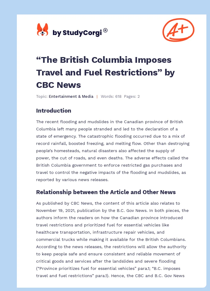 “The British Columbia Imposes Travel and Fuel Restrictions” by CBC News. Page 1