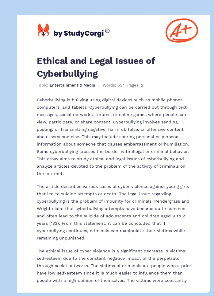 Ethical and Legal Issues of Cyberbullying. Page 1