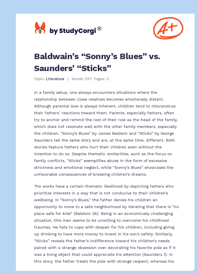 Baldwain’s “Sonny’s Blues” vs. Saunders’ “Sticks”. Page 1