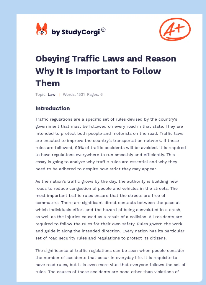 Obeying Traffic Laws and Reason Why It Is Important to Follow Them. Page 1
