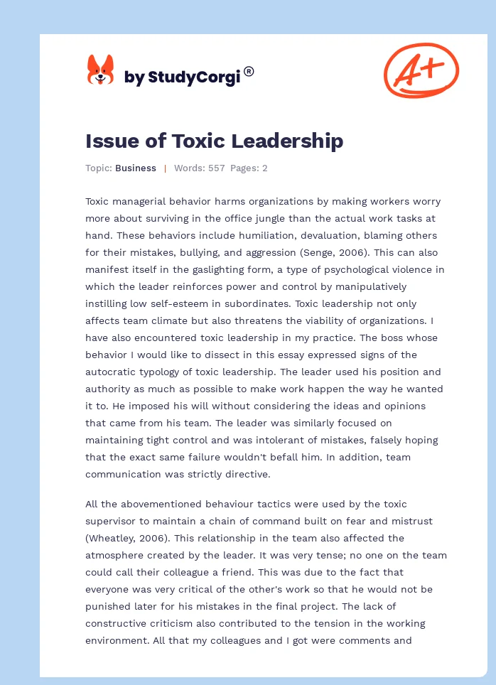 Issue of Toxic Leadership. Page 1