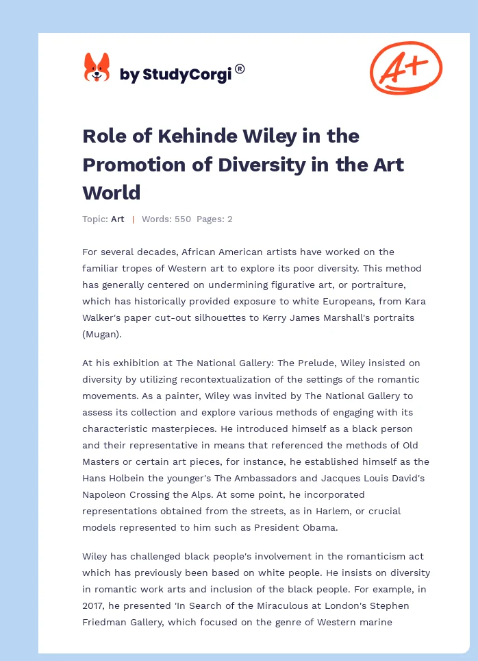 Role of Kehinde Wiley in the Promotion of Diversity in the Art World. Page 1