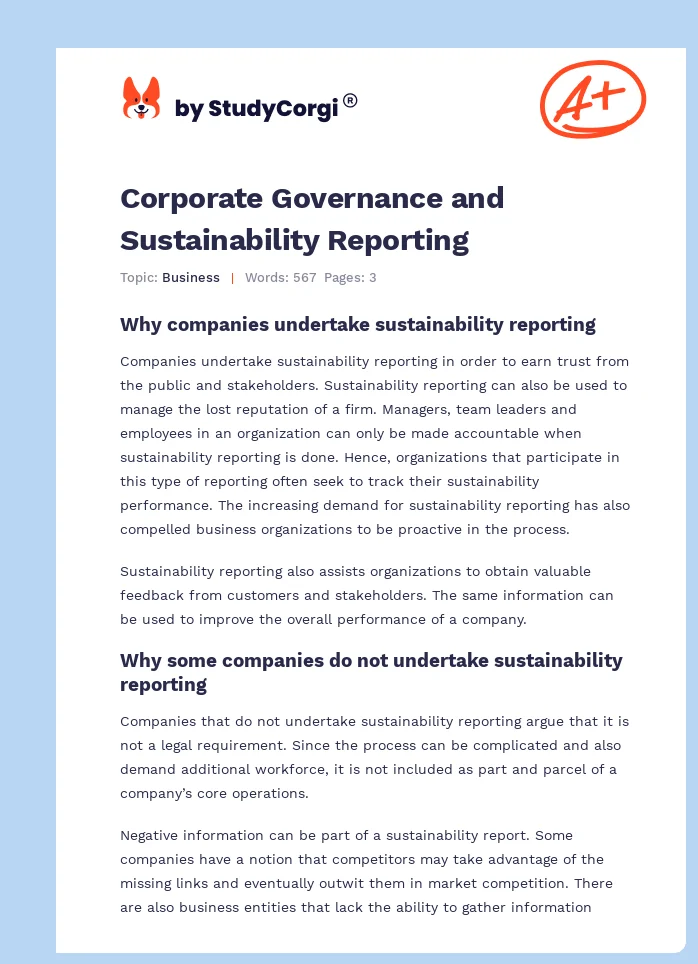 Corporate Governance and Sustainability Reporting. Page 1