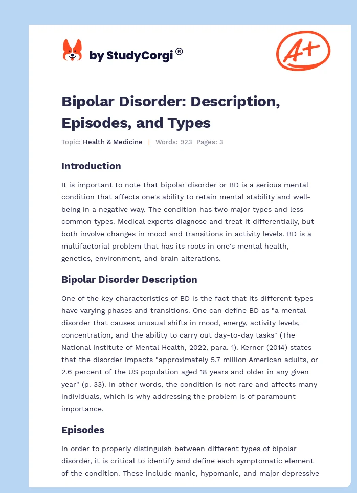 Bipolar Disorder: Description, Episodes, and Types. Page 1