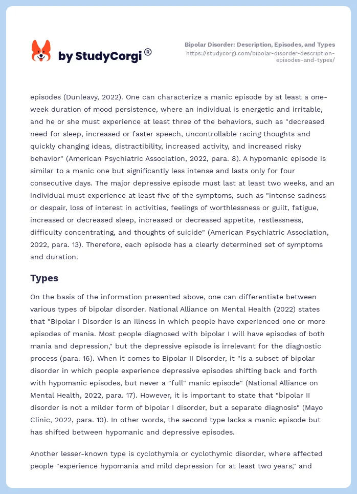 Bipolar Disorder: Description, Episodes, and Types. Page 2
