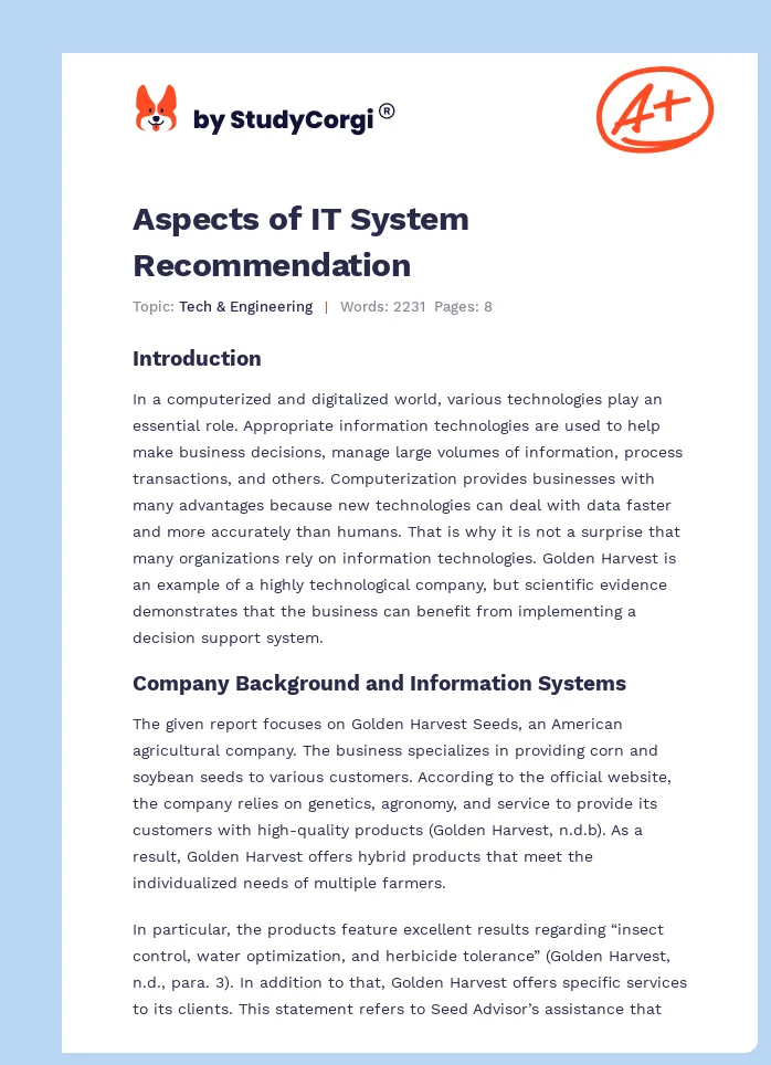 Aspects of IT System Recommendation. Page 1