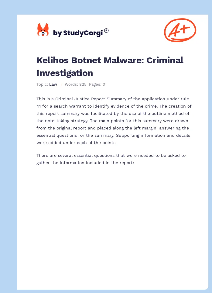 Kelihos Botnet Malware: Criminal Investigation. Page 1