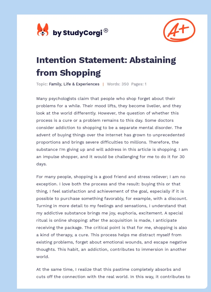 Intention Statement: Abstaining from Shopping. Page 1
