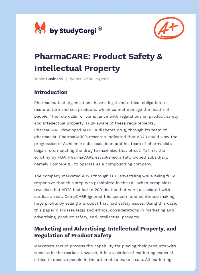 PharmaCARE: Product Safety & Intellectual Property. Page 1