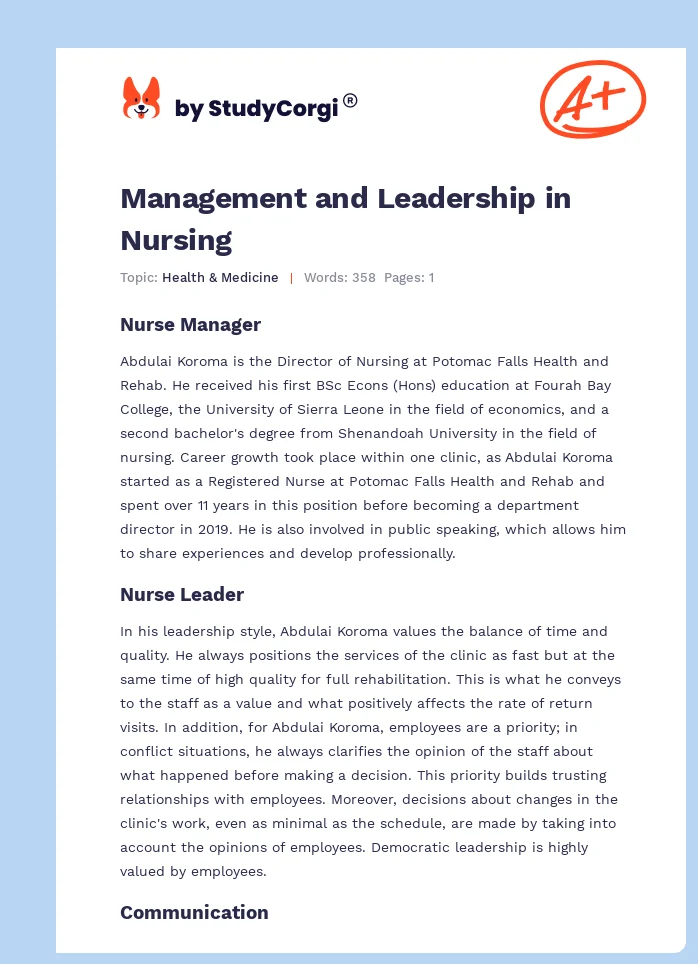 Management and Leadership in Nursing. Page 1
