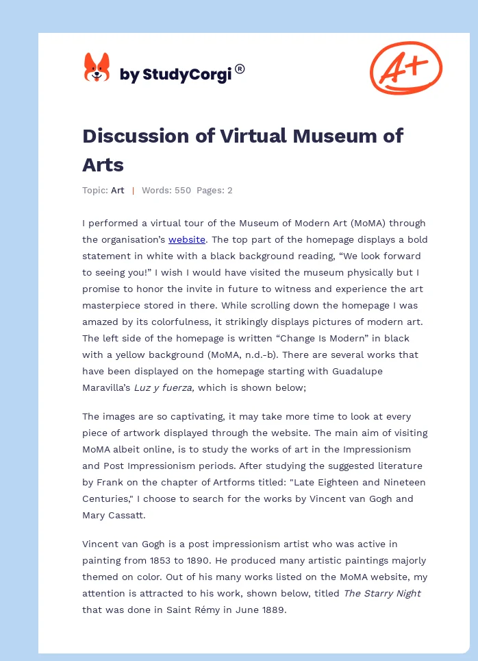 Discussion of Virtual Museum of Arts. Page 1