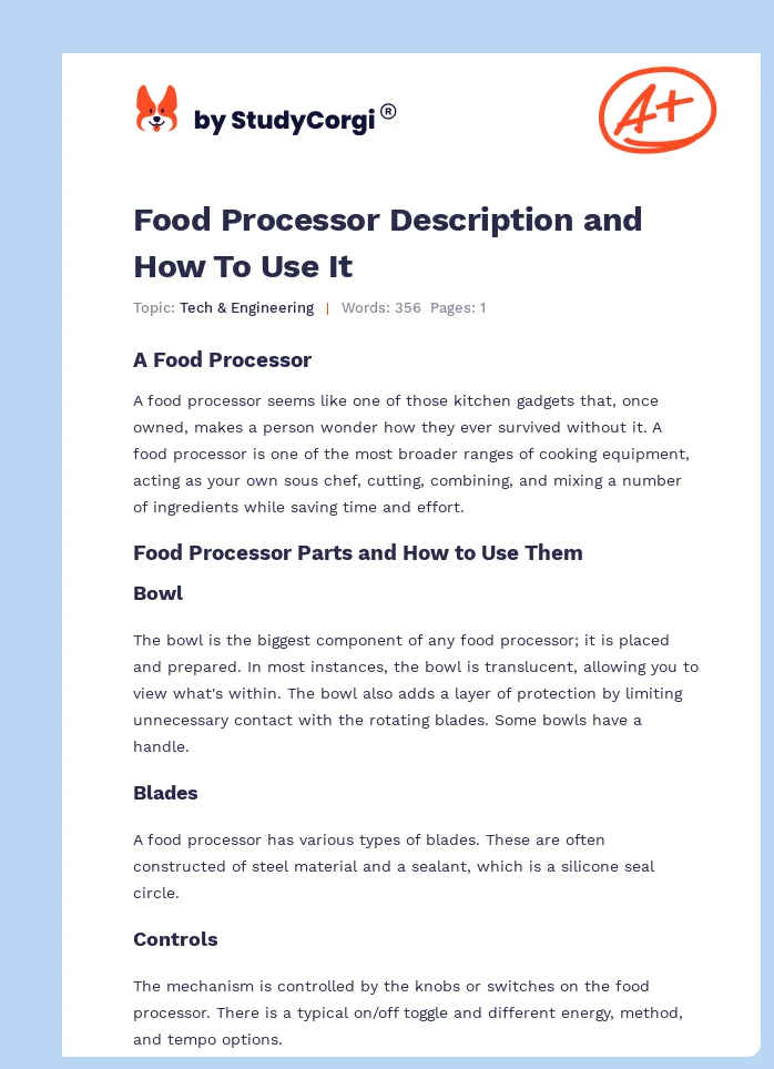 Food Processor Description and How To Use It. Page 1