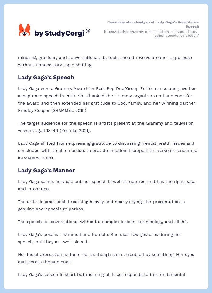 Communication Analysis of Lady Gaga’s Acceptance Speech. Page 2