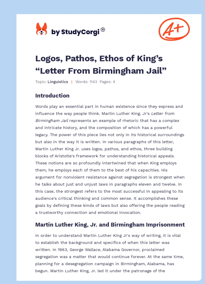 Logos, Pathos, Ethos of King’s “Letter From Birmingham Jail”. Page 1