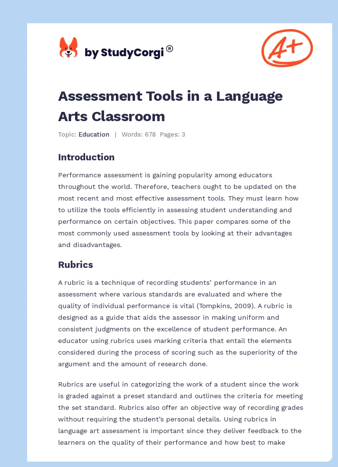 Assessment Tools in a Language Arts Classroom. Page 1