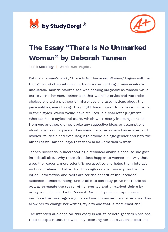 The Essay “There Is No Unmarked Woman” by Deborah Tannen. Page 1
