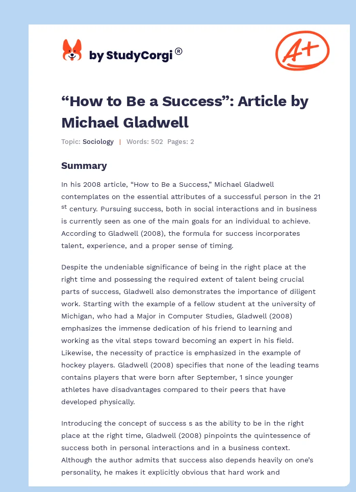“How to Be a Success”: Article by Michael Gladwell. Page 1