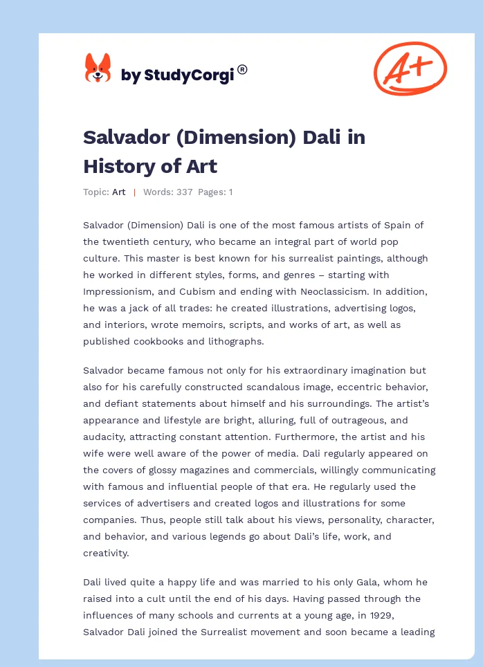 Salvador (Dimension) Dali in History of Art. Page 1