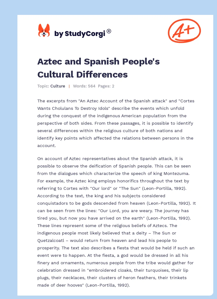 Aztec and Spanish People's Cultural Differences. Page 1