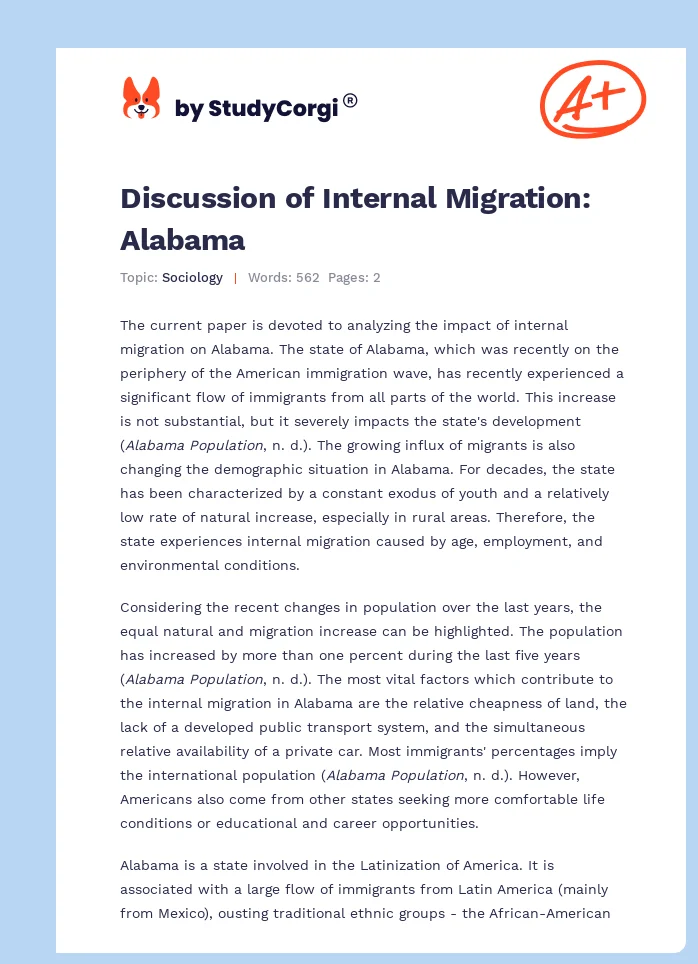 Discussion of Internal Migration: Alabama. Page 1