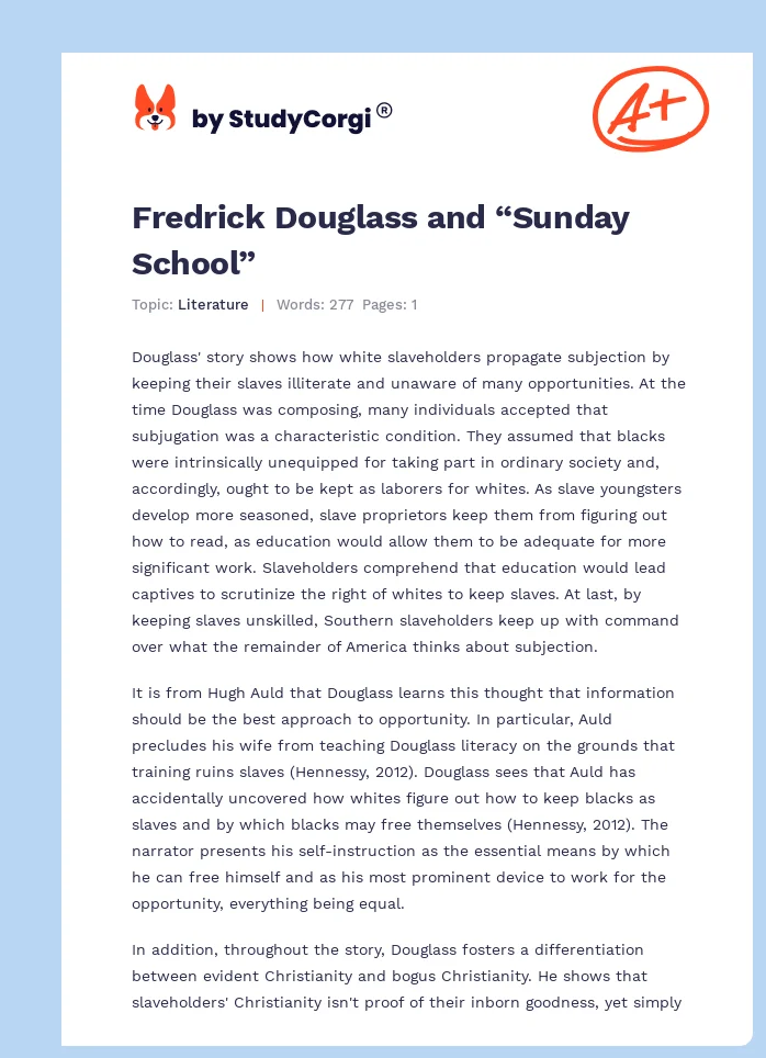 Fredrick Douglass and “Sunday School”. Page 1